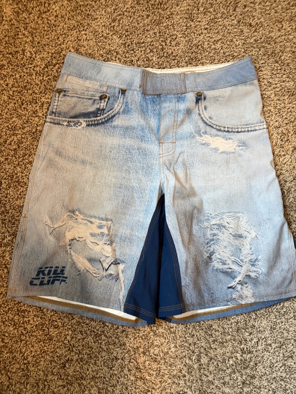 Light Blue Distressed Men's Jean Shorts with Navy Insert